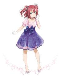 1girl ankle_strap aqua_eyes artbook blue_skirt blush bow choker collarbone full_body gloves hair_ribbon highres kurosawa_ruby looking_at_viewer love_live! love_live!_sunshine!! non-web_source official_art pink_shirt red_hair ribbon shirt short_sleeves simple_background skirt smile solo standing two_side_up white_background white_gloves white_ribbon