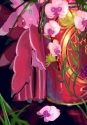 1girl antennae arthropod_girl arthropod_limbs black_background colored_skin flower full_body furry furry_female gen_7_pokemon grass highres kaguya_hobby looking_at_viewer lurantis mantis_girl multicolored_skin nintendo no_mouth orchid pink_eyes pink_flower pink_skin pokemon pokemon_(creature) praying_mantis simple_background solo standing white_skin