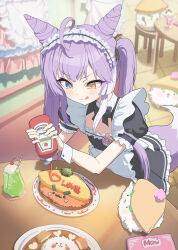 1girl :3 :p absurdres ahoge applepie_(12711019) apron blue_eyes blush cone_hair_bun food food_writing hair_bun heterochromia highres indoors ketchup ketchup_bottle long_hair maid maid_apron maid_headdress melon_soda omelet omurice plate purple_hair stellive tenko_shibuki tongue tongue_out virtual_youtuber white_apron yellow_eyes