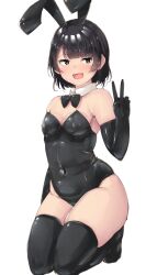 Rule 34 | 1girl, absurdres, animal ears, bare shoulders, black eyes, black hair, breasts, cleavage, covered navel, detached collar, highres, kneeling, leotard, looking at viewer, medium breasts, open mouth, original, playboy bunny, plump, rabbit ears, shinonon (iso shino), short hair, small breasts, smile, solo, thick thighs, thighhighs, thighs, tongue