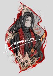 Rule 34 | 1boy, black eyes, black hair, black hanfu, chinese clothes, color halftone, curtained hair, flame print, flower, hanfu, high ponytail, highres, jia qiu (project moon), kalliope orc, lily (flower), limbus company, male focus, ponytail, project moon, red scarf, scar, scar on face, scarf, serious, smoke, solo, staff, upper body, white background