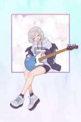 1girl absurdres black_collar black_jacket black_shorts black_socks closed_eyes collar drawstring electric_guitar grey_hair grey_hoodie grey_shoes guitar highres hood hood_down hoodie instrument jacket kanade_kanon medium_hair nanashi_inc. off_shoulder open_clothes open_jacket open_mouth outside_border shoes shorts sitting sneakers socks solo square virtual_youtuber zephda