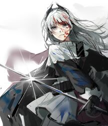 1girl absurdres aehobakjeon arknights black_cape black_gloves black_jacket blood blood_in_hair blood_on_face cape cowboy_shot floating_hair gloves grey_eyes grey_hair highres holding holding_sword holding_weapon irene_(arknights) jacket long_hair long_sleeves puffy_long_sleeves puffy_sleeves rapier simple_background solo sword weapon white_background