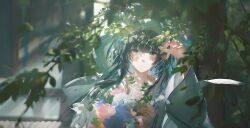 Rule 34 | 1girl, absurdres, alternate costume, black hair, blue hair, blunt bangs, bouquet, dress, flower, highres, holding, holding bouquet, holding flower, hood, hood up, japanese clothes, kimono, leaf, long hair, looking at viewer, multicolored hair, official alternate costume, official art, open mouth, punishing: gray raven, selena: pianissimo (pgr), selena (pgr), solo, two-tone hair, uchikake, wedding dress, white kimono
