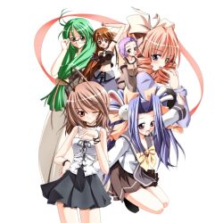 6+girls anime_coloring antenna_hair aqua_eyes aqua_hair aqua_jacket aqua_sleeves armband artist_request bare_arms bare_shoulders black_choker black_dress blouse blush bow breasts brown_armband brown_dress brown_eyes brown_hair brown_jacket brown_skirt brown_sleeves character_request choker collarbone contrast_collar cropped_jacket cropped_shirt cross-laced_clothes cross-laced_top dress dress_under_shirt drill_hair fingernails forehead green_eyes green_hair grey_sailor_collar grey_skirt grey_sleeve_cuffs hair_bow hair_intakes hair_ornament hair_tie_on_wrist jacket large_breasts legs_together long_hair medium_breasts medium_hair midriff multiple_girls navel o-ring official_art one_eye_closed open_mouth outstretched_arms parted_lips pink_bow pink_hair pleated_dress pleated_skirt pocket purple_eyes rabbit_hair_ornament rectangular_eyewear replay_(series) replay_3 sailor_collar school_uniform second-party_source serafuku shirt short-sleeved_jacket short_bangs short_hair short_sleeves side_slit skirt spread_arms straight_hair tank_top teeth tongue twin_drills twintails very_long_hair white_background white_bow white_dress white_shirt white_sleeves white_tank_top x_hair_ornament yellow_bow yellow_eyes