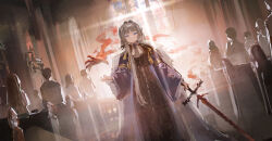 Rule 34 | 1girl, backlighting, black cape, blue eyes, brown dress, cape, church, dikke (reverse:1999), disembodied hand, dress, dutch angle, flamberge, fur-trimmed cape, fur trim, grey hair, hand up, highres, holding, holding sword, holding weapon, indoors, long hair, long sleeves, people, pew, reverse:1999, solo focus, stained glass, sunjinghan0801 (mokacoat), sword, weapon
