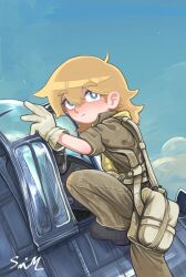 1girl aircraft airplane aqua_eyes bag black_footwear blonde_hair blue_sky child cloud f6f_hellcat fighter_jet flight_suit g-suit gloves highres lalah_7th long_hair military military_vehicle original pilot pilot_suit propeller_fighter scarf short_sleeves signature sky solo yellow_scarf