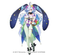 1girl ahoge animal_ears bare_shoulders bead_bracelet beads blue_hair blush bracelet breasts copyright_notice crystal detached_sleeves dress eitr_(fire_emblem) eitr_(spring)_(fire_emblem) fake_animal_ears fire_emblem fire_emblem_heroes flower frilled_dress frills full_body goat_horns green_pantyhose hair_flower hair_ornament hair_over_one_eye high_heels horns jewelry leotard long_hair medium_breasts nintendo nontraditional_playboy_bunny official_alternate_costume official_alternate_hairstyle official_art pantyhose rabbit_ears red_eyes semi-transparent_dress siino simple_background small_horns solo strapless strapless_leotard very_long_hair wavy_hair white_background