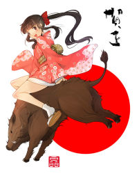 00s 1girl 2007 boar boar_(chinese_zodiac) brown_eyes brown_hair chinese_zodiac female_focus japanese_clothes kimono long_hair looking_at_viewer looking_back new_year ponytail sandals short_kimono simple_background smile solo sonobe_kazuaki tabi zouri