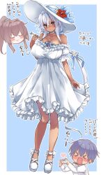 &gt;_&lt; 1boy 2girls admiral_(kancolle) anchor_necklace blue_hair blue_ribbon blush breasts brown_eyes brown_hair cleavage closed_eyes collarbone dark-skinned_female dark_skin dress flower frilled_dress frills hat hat_flower hat_ribbon heart heart_hands highres holding holding_removed_eyewear jewelry kantai_collection large_breasts long_hair mashiro_yukiya military_uniform multiple_girls musashi_(kancolle) naval_uniform necklace ponytail red_flower ribbon shoes sun_hat sundress translation_request unworn_eyewear white_dress white_flower white_hat white_shoes yamato_(kancolle)