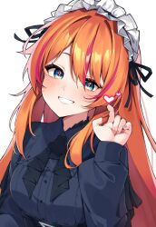 1girl absurdres adjusting_hair black_shirt blue_eyes blush bow cross-shaped_pupils heart highres long_hair long_sleeves maid_headdress multicolored_hair neckerchief orange_hair pink_hair reject_(esports) rosec_pin seion shirt sidelocks simple_background solo streaked_hair symbol-shaped_pupils two-tone_hair upper_body virtual_youtuber