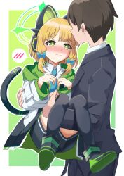 1boy 1girl animal_ear_headphones animal_ears black_socks blonde_hair blue_archive blue_necktie blush border bow brown_hair carrying carrying_person cat_ear_headphones commentary_request cowboy_shot fake_animal_ears fake_tail gradient_background green_background green_bow green_eyes green_halo hair_bow halo headphones highres jacket long_sleeves low-tied_sidelocks midori_(blue_archive) nanoty necktie outline shirt shoes short_hair sidelocks socks spoken_blush sweatdrop tail thighhighs white_border white_outline