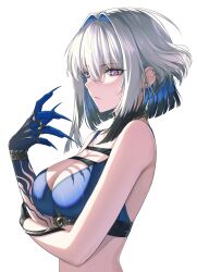 1girl absurdres arm_under_breasts bare_shoulders black_hair blue_bra blue_hair blue_nails bra breasts closed_mouth commentary_request ear_piercing earrings fingernails galbrena_(wuthering_waves) grey_hair hair_intakes haku_ei highres jewelry large_breasts long_fingernails looking_at_viewer multicolored_hair no_jacket piercing purple_eyes sharp_fingernails short_hair simple_background solo tsurime underwear upper_body white_background wuthering_waves