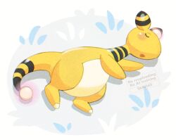 ampharos artist_name blush closed_eyes commentary_request full_body gen_2_pokemon glowing_tail grass lying nintendo no_humans on_side open_mouth pokemon pokemon_(creature) pokemon_focus sleeping solo tansho