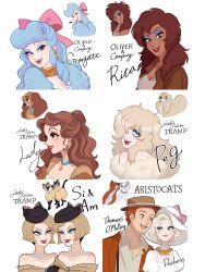 1boy 6+boys absurdres am_(lady_&amp;_the_tramp) animal bare_shoulders blonde_hair blue_eyes blue_eyeshadow blue_hair bow brown_hair cat commentary_request copyright_name disney dog duchess_(disney) earrings eyeshadow facial_hair fangs georgette_(oliver_&amp;_company) goatee_stubble hair_bow hair_over_one_eye half_updo hat highres humanization jacket jewelry lady_(disney) lady_and_the_tramp long_hair looking_at_viewer makeup moko_eaka mole multiple_boys necklace oliver_&amp;_company open_mouth orange_hair pearl_necklace peg_(disney) pink_bow profile purple_eyeshadow rita_(oliver_&amp;_company) short_hair si_(lady_&amp;_the_tramp) siblings simple_background smile stubble the_aristocats thomas_o&#039;malley twins wavy_hair white_background white_hat
