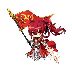 1girl absurdres armored_boots black_shirt black_shorts boots braid braided_hair_rings cape chibi closed_mouth coat collared_coat elesis_(elsword) elsword empire_sword_(elsword) flag floating_clothes floating_hair frown game_cg hair_between_eyes hair_rings highres holding holding_flag holding_sword holding_weapon hwansang knee_boots lapels long_hair long_sword looking_at_viewer notched_lapels official_art ponytail red_cape red_eyes red_hair second-party_source shirt shorts single_hair_ring solo sparkle standing sword tachi-e thighhighs transparent_background tsurime weapon white_boots white_coat white_thighhighs wind