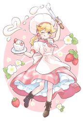 1girl apron artist_name boots braid braided_hair_rings brown_boots cake chef_hat flower food fruit full_body hair_rings hat highres holding holding_plate konata_w1225 long_skirt looking_at_viewer mario_(series) necktie nintendo official_alternate_costume one_eye_closed patissiere_peach petticoat pink_necktie pink_skirt plaid_clothes plaid_skirt plate princess_peach princess_peach:_showtime! puffy_short_sleeves puffy_sleeves short_sleeves skirt solo strawberry tongue tongue_out waist_apron watermark white_apron white_flower white_hat