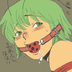 Rule 34 | 1girl, antennae, ball gag, bound, bound arms, commentary request, gag, gagged, green eyes, green hair, grey background, lowres, onikobe rin, open mouth, saliva, short hair, simple background, solo, touhou, translation request, wriggle nightbug