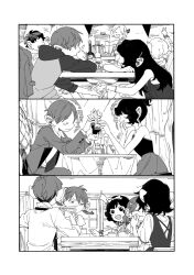 1boy 3koma 4girls artist_request braid chilchuck&#039;s_wife chilchuck_tims comic dungeon_meshi formal_clothes holding_hands jewelry monochrome multiple_girls ring suit twin_braids wedding_ring