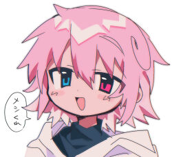 1boy black_shirt blue_eyes blush_stickers commentary_request eyes_visible_through_hair hair_between_eyes heterochromia highres hood hood_down hoodie male_focus open_mouth original pink_eyes pink_hair portrait raito-kun_(uenomigi) shirt short_hair simple_background smile solo speech_bubble uenomigi white_background white_hoodie