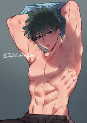 1boy abs absurdres armpits blush boku_no_hero_academia bright_pupils freckles green_hair highres looking_at_viewer male_focus midoriya_izuku misa_(jjin_miryeon) muscular muscular_male navel nipples parted_lips short_hair shredded_muscles solo topless_male undressing white_pupils