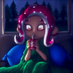 Rule 34 | 1girl, bathrobe, blurry, brand name imitation, can, coca-cola, couch, drink, drinking, drinking straw, eye reflection, grady sisters (the shining), green robe, highres, holding, holding can, holding drink, long hair, long sleeves, nintendo, octoling, octoling girl, octoling player character, octopus girl, on couch, orange eyes, picture frame, pillow, pink hair, pointy ears, reflection, robe, sitting, soandnb, soda, splatoon (series), suction cups, tentacle hair, the shining, tree, watching television, wide sleeves