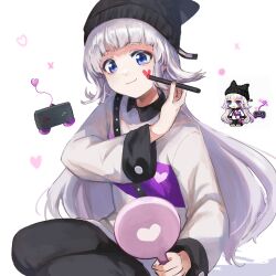 1girl animal_ears animal_hat beanie black_hat black_pants blue_eyes character_request closed_mouth collared_shirt facial_mark fake_animal_ears grey_hair hand_mirror hat heart holding leafwow long_hair long_sleeves maplestory mirror pants reference_inset shirt simple_background smile very_long_hair white_background white_shirt wide_sleeves