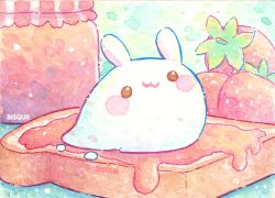 :3 animal artist_name bisquii bread bread_slice food food_focus fruit jam jar milk mu no_humans original painting_(medium) rabbit strawberry strawberry_jam toast traditional_media watercolor_(medium)