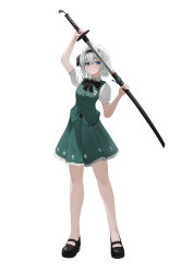 1girl absurdres black_shoes blue_eyes commentary full_body green_skirt green_vest grey_hair highres holding holding_sword holding_weapon katana konpaku_youmu legs_apart looking_at_viewer mary_janes miniskirt no_socks sheath shironagi_(wwwzxhwnl) shoes short_sleeves simple_background skirt skirt_set solo standing sword touhou unsheathing vest weapon white_background