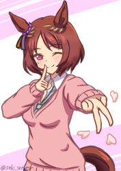 1girl alternate_costume animal_ears breasts brown_hair commentary_request finger_to_mouth hair_between_eyes hair_ornament horse_ears horse_girl horse_tail looking_at_viewer medium_breasts one_eye_closed petals pink_eyes sakura_laurel_(umamusume) seki_(hyokosho) smile solo tail umamusume v