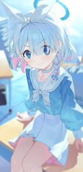 Rule 34 | 1girl, absurdres, arona (blue archive), blue archive, blue eyes, blue hair, blue halo, blue shirt, blurry, blush, chiyo kami, choker, closed mouth, colored inner hair, commentary request, depth of field, desk, hair ribbon, halo, highres, long sleeves, looking at viewer, multicolored hair, on table, outdoors, pink hair, ribbon, school desk, school uniform, serafuku, shirt, short hair, sitting, skirt, smile, solo, streaked hair, table, white choker, white ribbon, white skirt
