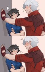 ... 1boy 1girl ? ?? black_hair blue_shirt crossed_arms dante_(devil_may_cry) devil_may_cry_(netflix) devil_may_cry_(series) fingerless_gloves gloves green_eyes heterochromia highres jacket jumpoon kabedon lady_(devil_may_cry) red_eyes red_jacket shirt simple_background smile white_hair