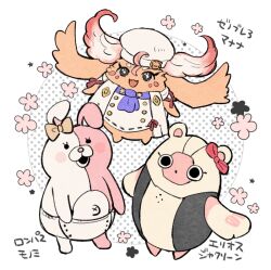 bow character_request commentary_request copyright_request danganronpa_(series) danganronpa_2:_goodbye_despair eyelashes hat looking_at_viewer manana_(xenoblade) monomi_(danganronpa) open_mouth orange_bow orange_fur smile stuffed_animal stuffed_rabbit stuffed_toy sudachips teddy_bear white_hat xenoblade_chronicles_(series) xenoblade_chronicles_3
