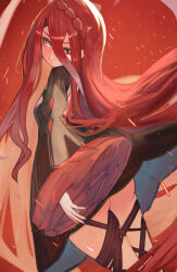 1girl black_dress blush bow braid breasts dress fate/grand_order fate_(series) hair_between_eyes highres long_hair long_sleeves looking_at_viewer looking_back red_hair roy_(roy_pomu) small_breasts smile solo thigh_strap thighs typhon_ephemeros_(fate) typhon_ephemeros_(second_ascension)_(fate) very_long_hair wide_sleeves yellow_eyes