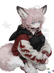 1girl absurdres animal_ears arknights bags_under_eyes black_choker black_pants blue_eyes choker commentary extra_ears fox_ears fox_girl fox_print fox_tail full_body highres hood hood_down italian_text jacket long_sleeves official_alternate_costume pants pink_hair puffy_long_sleeves puffy_sleeves sho_(sho_lwlw) shoes short_hair sleeves_past_wrists sneakers solo squatting sussurro_(arknights) sussurro_(travel_freely)_(arknights) tail watermark white_background white_sneakers