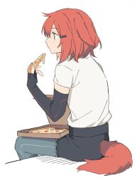 1girl arknights black_gloves chewing closed_mouth crownslayer_(arknights) dopperu_ben eating elbow_gloves fingerless_gloves food from_side gloves grey_pantyhose hair_ornament hairclip hand_up highres holding holding_food holding_pizza looking_ahead orange_eyes orange_hair orange_tail pantyhose pizza pizza_box pizza_slice profile shirt short_hair short_sleeves simple_background sitting solo tail white_background white_shirt