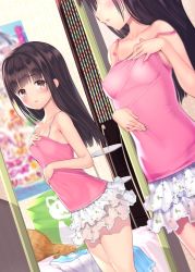 1girl blunt_bangs blurry blurry_background blush breast_conscious breasts brown_eyes brown_hair camisole cat coffee_cat commentary_request covered_erect_nipples depth_of_field dutch_angle female_focus frilled_skirt frills hand_on_own_chest indoors long_hair miniskirt mirror no_bra original reflection school_uniform serafuku sidelocks skirt small_breasts solo spaghetti_strap strap_slip