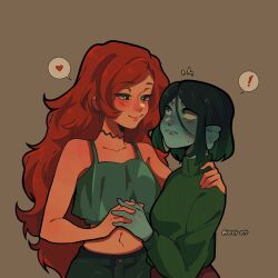 ! 2girls artist_name black_hair blue_eyes chelsea_van_der_zee cowboy_shot eye_contact fins green_hair head_fins heart highres holding_hands interlocked_fingers karely_arts light_blush long_hair looking_at_another midriff multicolored_hair multiple_girls navel pants red_hair ruby_gillman ruby_gillman:_teenage_kraken short_hair simple_background smile spoken_exclamation_mark spoken_heart sweater tank_top yuri