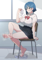 1girl barefoot blue_eyes blue_hair blush chair dokkitokki feet highres looking_at_viewer medium_hair original parted_lips school_uniform shoes single_sock socks soles steam toes unworn_shoes unworn_socks uwabaki white_socks