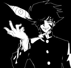 1boy aayes19 black_background black_hair disembodied_eye gakuran grin hand_up kabuto_kouji male_focus mazinger_(series) mazinger_zero_(mecha) one_eye_in_shadow outline ringed_eyes school_uniform shin_mazinger_zero short_hair sideburns simple_background smile solo spiked_hair upper_body white_outline