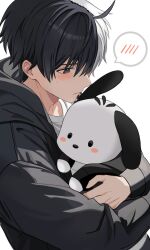 1boy black_eyes black_hair black_hood black_hoodie black_jacket blush closed_mouth highres holding holding_stuffed_toy hood hooded_jacket hoodie hug hyohls2_(hamao3o) jacket long_sleeves male_focus multicolored_hair peanuts_(comic) sakura_haruka_(wind_breaker) short_hair snoopy solo stuffed_animal stuffed_dog stuffed_toy two-tone_hair white_background white_hair wind_breaker_(nii_satoru)