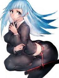 1girl arm_under_breasts belt bent_over black_eyes black_pants black_suit blue_hair breasts cropped_legs finger_to_mouth formal_clothes fumio_(rsqkr) highres jujutsu_kaisen katana knee_up large_breasts lips medium_breasts miwa_kasumi pants sheath sheathed shirt solo suit sword thighs weapon white_background white_shirt