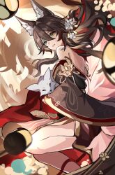 1girl absurdres alternate_costume animal_ear_fluff animal_ears bare_shoulders black_hair breasts brown_hair detached_sleeves flower fox fox_ears fox_girl fox_tail fugue_(honkai:_star_rail) green_eyes hair_between_eyes hair_flower hair_ornament highres honkai:_star_rail honkai_(series) japanese_clothes kimono kitsune kyuubi lantern long_hair long_sleeves looking_at_viewer multicolored_hair multiple_tails parted_lips red_hair solo streaked_hair tail tingyun_(honkai:_star_rail) wide_sleeves xinjinjumin151850560252