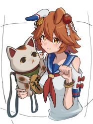 +_+ 1girl animal_ears blue_sailor_collar blush closed_mouth clover_hair_ornament cocoa_inryo daruma_doll ear_covers flower hair_between_eyes hair_flower hair_ornament holding horse_ears horse_girl looking_at_viewer maneki-neko matikanefukukitaru_(umamusume) neckerchief orange_eyes orange_hair sailor_collar school_uniform serafuku shirt short_hair simple_background single_ear_cover smile solo umamusume upper_body