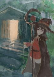 1girl absurdres asymmetrical_legwear bandaged_leg bandages belt black_cape black_thighhighs brown_hair cape dress hat highres holding holding_staff kono_subarashii_sekai_ni_shukufuku_wo! koukouya looking_at_viewer megumin mismatched_legwear rain red_dress red_eyes short_hair short_hair_with_long_locks single_thighhigh solo staff thighhighs witch_hat