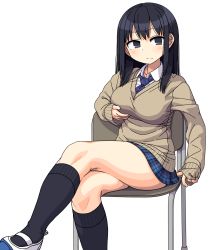 1girl black_eyes black_hair black_socks breast_hold breasts chair crossed_legs highres kneehighs large_breasts legs long_hair maruput necktie original school_uniform shoes sitting socks solo sweater uwabaki white_background