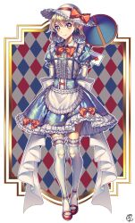 Rule 34 | 1girl, absurdres, apron, blonde hair, blue dress, bow, closed mouth, commentary, dark jewel (gem oblivion), dress, elbow gloves, floral print, frilled apron, frilled dress, frilled hat, frilled sleeves, frills, full body, gloves, hat, hat bow, high heels, highres, kana anaberal, lipstick, looking at viewer, makeup, phantasmagoria of dim.dream, puffy short sleeves, puffy sleeves, red bow, red shoes, road sign, shoes, short hair, short sleeves, sign, smile, solo, thighhighs, touhou, touhou (pc-98), white apron, white bow, white hat, white thighhighs, yellow eyes