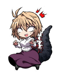 1girl ahoge arcueid_brunestud breasts chibi fingernails godzilla high_heels long_tail monster_girl pantyhose sharp_fingernails sharp_teeth skirt surprised sweater tail teeth tententensan tsukihime very_long_tail wide_hips