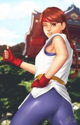 1girl ass braid braided_ponytail breasts brown_eyes brown_hair clothes_lift dougi female_focus gloves hairband karate_gi leather leggings long_hair looking_at_viewer looking_back medium_breasts nature one_eye_closed outdoors pants shiny_clothes skirt skirt_lift smile smiley_face spandex standing the_king_of_fighters theafn thighs thumbs_up tight_clothes tight_pants tree wide_hips wink yoga_pants yuri_sakazaki