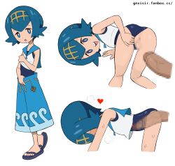1boy 1girl :o absurdres black_footwear blue_eyes blue_hair blue_pants blue_sailor_collar bright_pupils capri_pants censored clothing_aside disembodied_penis flip-flops gnsisir hairband heart hetero highres lana_(pokemon) large_penis loli mosaic_censoring nintendo no_sclera one-piece_swimsuit open_mouth pants penis pokemon pokemon_sm sailor_collar sandals sex shirt short_hair sleeveless sleeveless_shirt standing swimsuit swimsuit_aside swimsuit_under_clothes toes wave_print white_pupils white_shirt yellow_hairband